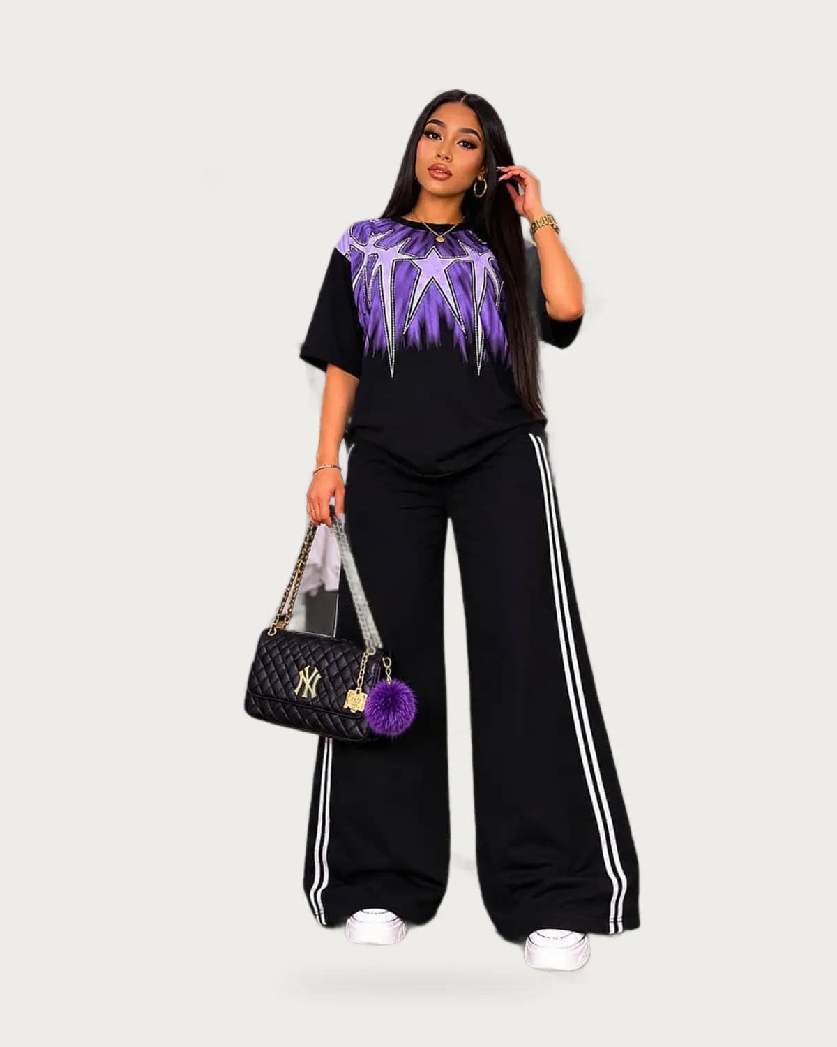 Star-print tee and track trouser — front