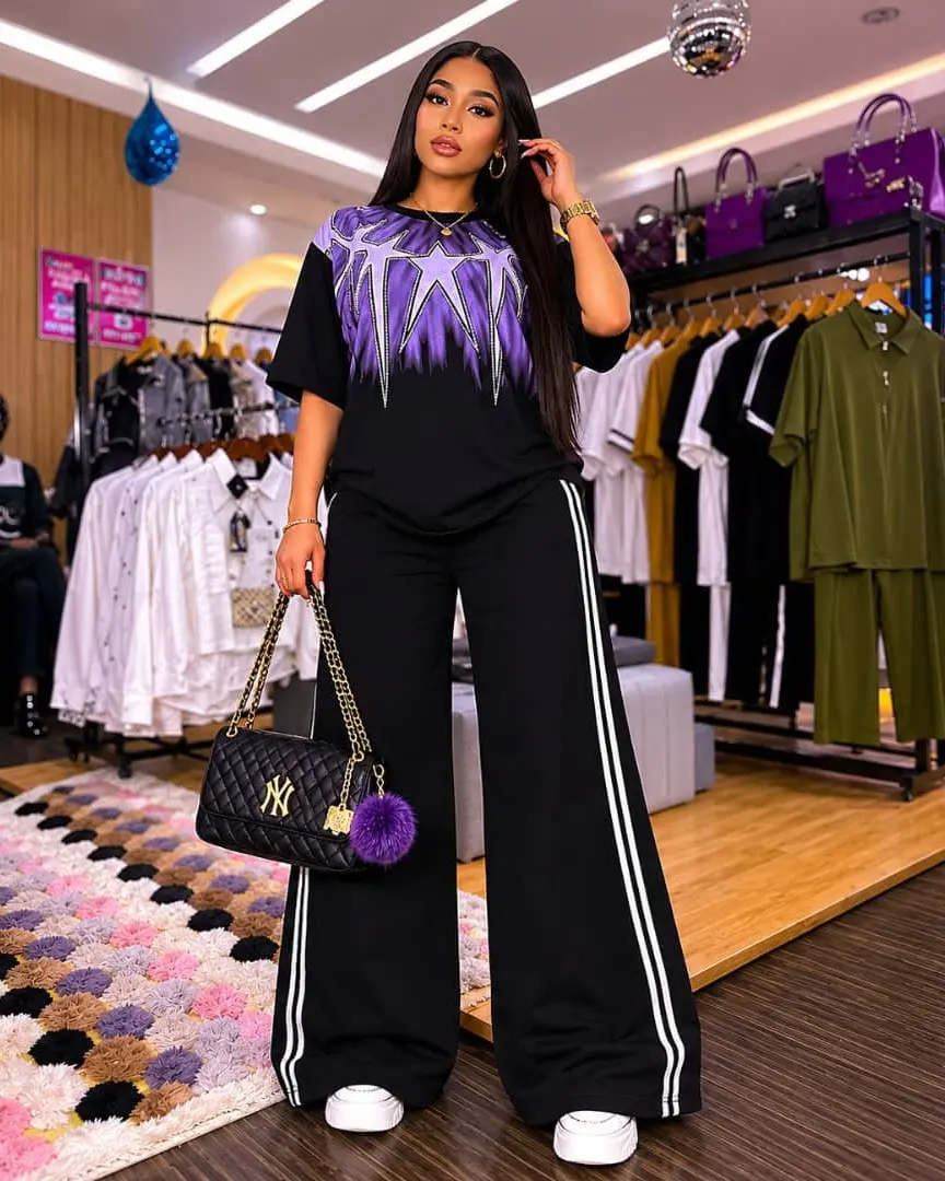 Star-print tee and track trouser — front