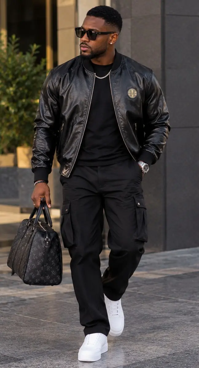 Black leather bomber