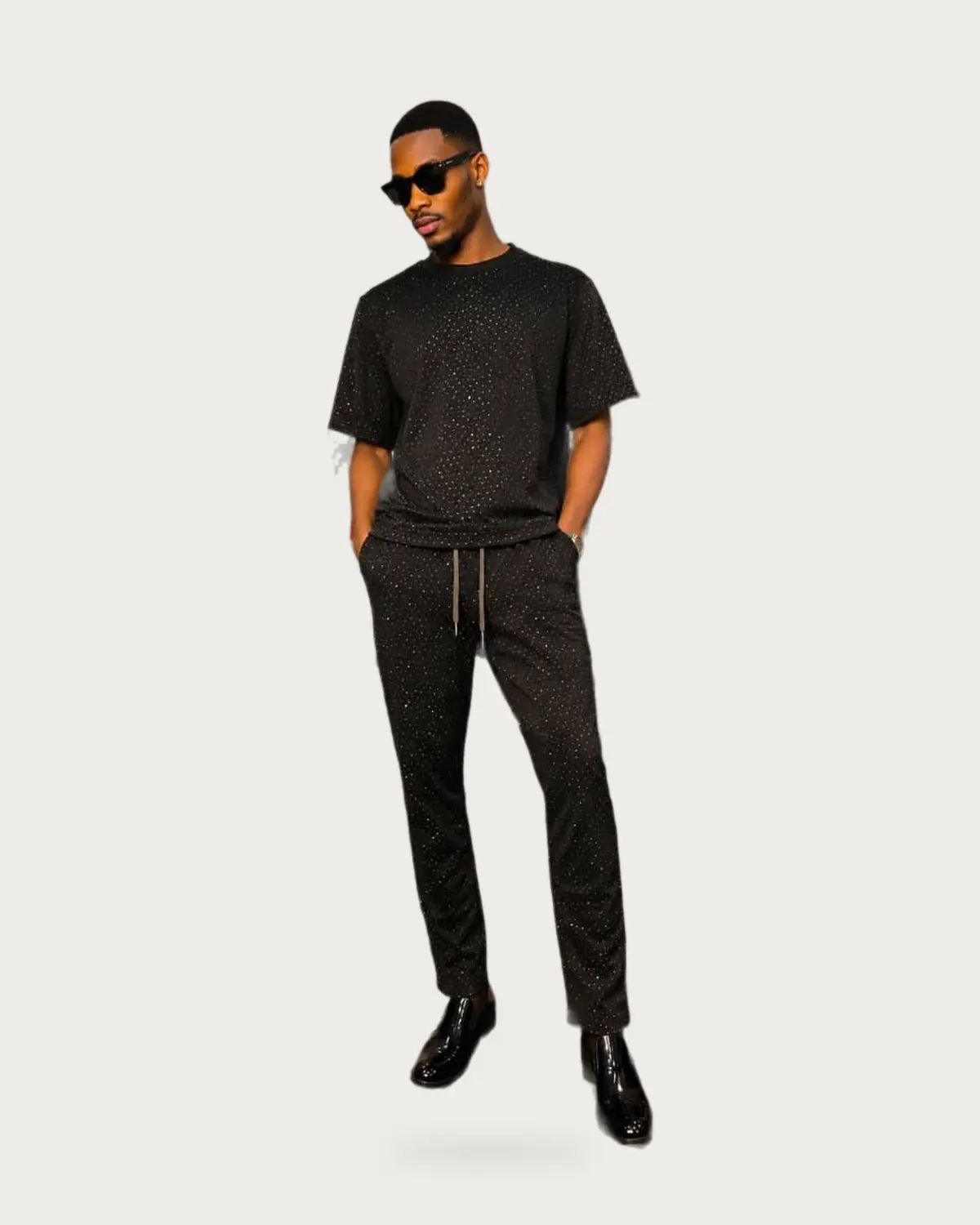 Crystal-studded tee and trouser — front